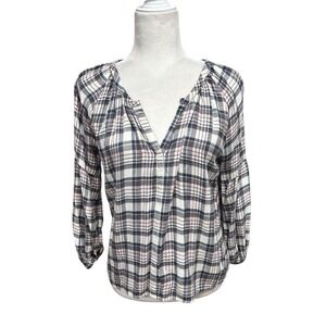Michael Stars Womens Size S Top Plaid Blouse Long Sleeve Split V-Neck Tunic Boho